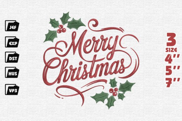 Elegant Merry Christmas with Holly Embroidery Design