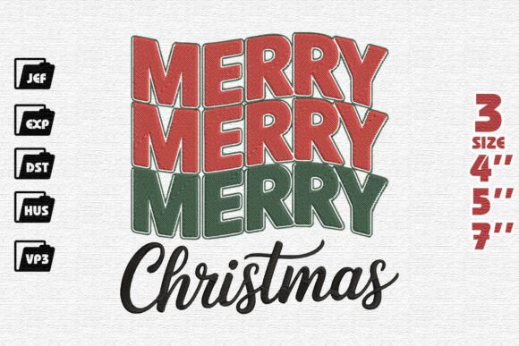 Retro Stacked Merry Merry Merry Christmas Embroidery